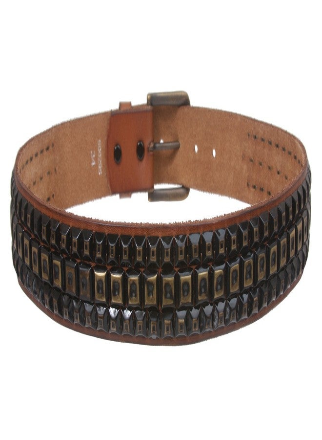 Beltiscool حزام جلدي عتيق مرصع بالنحاس الأصفر، بتصميم بانك روك ستار، بثلاثة صفوف، لون بني فاتح | 36 - Image 4